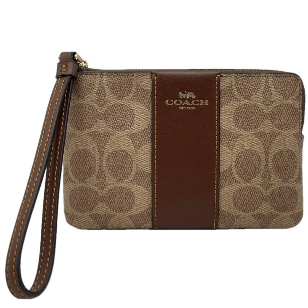 NEW COACH Women’s Corner Zip Wristlet in Signature Canvas with Stripe Tan/Brow